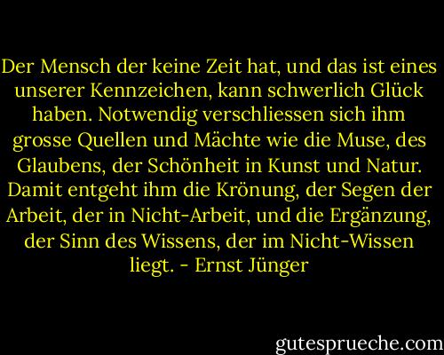 Der Mensch der keine Zeit hat, und das ist eines unserer Kennzeichen, kann schwerlich Glück haben. Notwendig verschliessen sich ihm grosse Quellen und Mächte wie die Muse, des Glaubens, der Schönheit in Kunst und Natur. Damit entgeht ihm die Krönung, der Segen der Arbeit, der in Nicht-Arbeit, und die Ergänzung, der Sinn des Wissens, der im Nicht-Wissen liegt. - Ernst Jünger