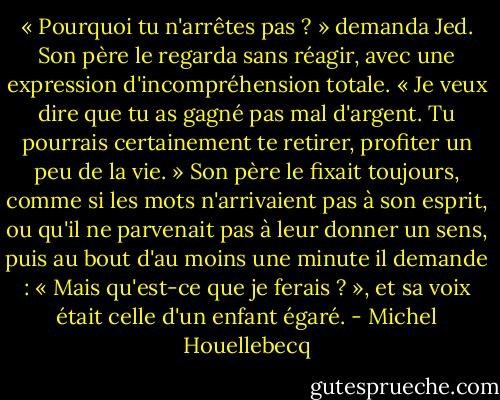 « Pourquoi tu n'arrêtes pas ? » demanda Jed. Son père le regarda sans réagir, avec une expression d'incompréhension totale.<br />« Je veux dire que tu as gagné pas mal d'argent. Tu pourrais certainement te retirer, profiter un peu de la vie. » Son père le fixait toujours, comme si les mots n'arrivaient pas à son esprit, ou qu'il ne parvenait pas à leur donner un sens, puis au bout d'au moins une minute il demande : « Mais qu'est-ce que je ferais ? », et sa voix était celle d'un enfant égaré. - Michel Houellebecq