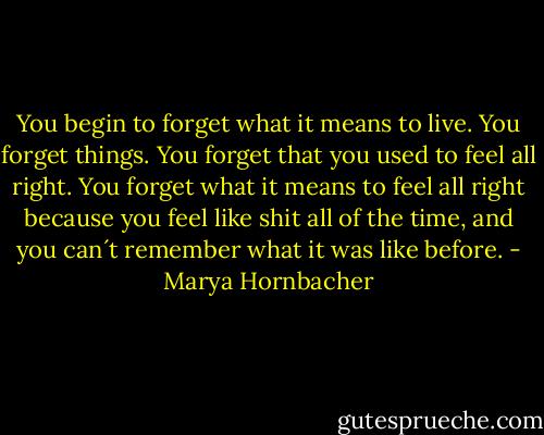 You begin to forget what it means to live. You forget things. You forget that you used to feel all right. You forget what it means to feel all right because you feel like shit all of the time, and you can´t remember what it was like before. - Marya Hornbacher