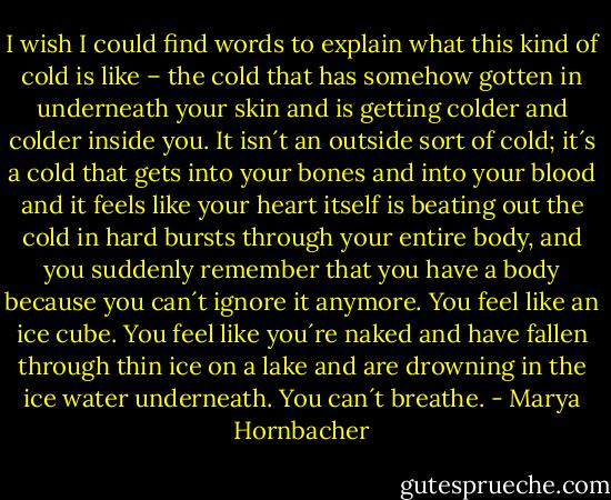 I wish I could find words to explain what this kind of cold is like – the cold that has somehow gotten in underneath your skin and is getting colder and colder inside you. It isn´t an outside sort of cold; it´s a cold that gets into your bones and into your blood and it feels like your heart itself is beating out the cold in hard bursts through your entire body, and you suddenly remember that you have a body because you can´t ignore it anymore. You feel like an ice cube. You feel like you´re naked and have fallen through thin ice on a lake and are drowning in the ice water underneath. You can´t breathe. - Marya Hornbacher