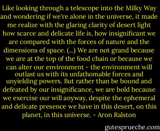 Like looking through a telescope into the Milky Way and wondering if we're alone in the universe, it made me realize with the glaring clarity of desert light how scarce and delicate life is, how insignificant we are compared with the forces of nature and the dimensions of space. (...) We are not grand because we are at the top of the food chain or because we can alter our environment - the environment will outlast us with its unfathomable forces and unyielding powers. But rather than be bound and defeated by our insignificance, we are bold because we exercise our will anyway, despite the ephemeral and delicate presence we have in this desert, on this planet, in this universe. - Aron Ralston