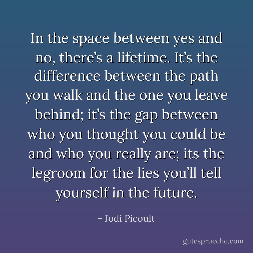 In the space between yes and no, there’s a lifetime. It’s the difference between the path you walk and the one you leave behind; it’s the gap between who you thought you could be and who you really are; its the legroom for the lies you’ll tell yourself in the future. - Jodi Picoult