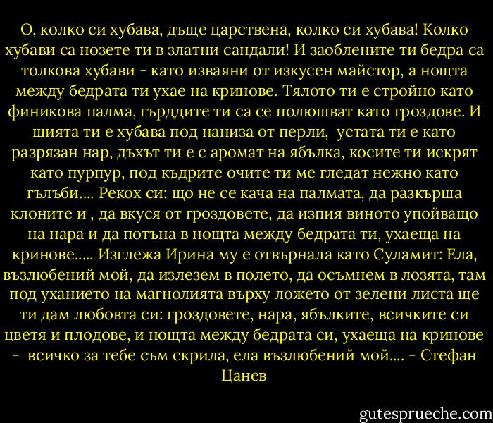 О, колко си хубава, дъще царствена,<br />колко си хубава!<br />Колко хубави са нозете ти<br />в златни сандали!<br />И заоблените ти бедра са толкова хубави - като изваяни от изкусен майстор,<br />а нощта между бедрата ти<br />ухае на кринове.<br />Тялото ти е стройно като финикова палма,<br />гърддите ти са се полюшват като гроздове.<br />И шията ти е хубава<br />под наниза от перли, <br />устата ти е като разрязан нар,<br />дъхът ти е с аромат на ябълка,<br />косите ти искрят като пурпур,<br />под къдрите очите ти ме гледат<br />нежно като гълъби....<br />Рекох си: що не се кача на палмата,<br />да разкърша клоните и ,<br />да вкуся от гроздовете,<br />да изпия виното упойващо на нара<br />и да потъна в нощта между бедрата ти,<br />ухаеща на кринове.....<br />Изглежа Ирина му е отвърнала като Суламит:<br />Ела, възлюбений мой,<br />да излезем в полето,<br />да осъмнем в лозята,<br />там под уханието на магнолията<br />върху ложето от зелени листа<br />ще ти дам любовта си:<br />гроздовете, нара, ябълките,<br />всичките си цветя и плодове,<br />и нощта между бедрата си,<br />ухаеща на кринове - <br />всичко за тебе съм скрила,<br />ела възлюбений мой.... - Стефан Цанев
