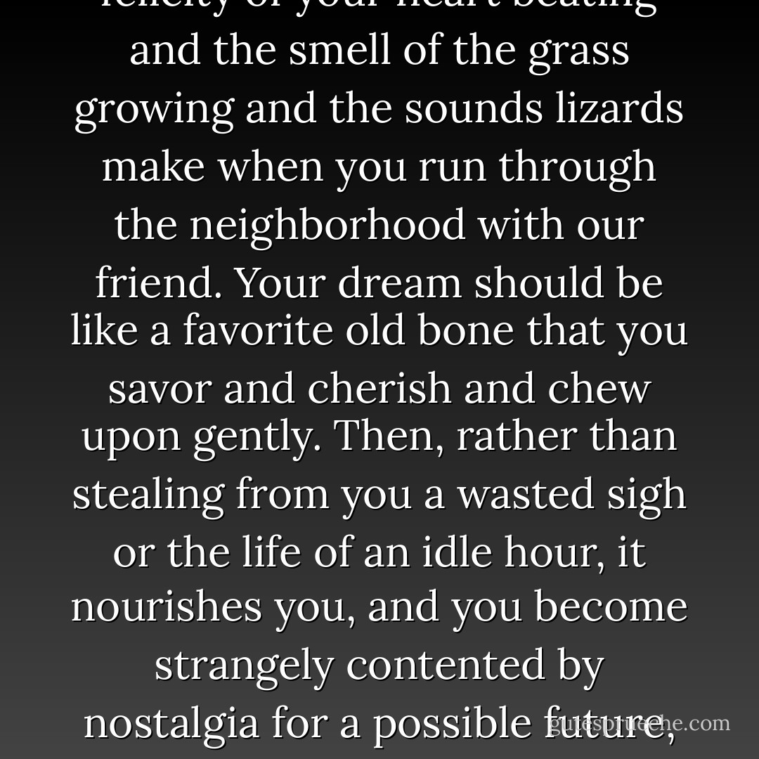 But, look, it is good to have a dream so long as you do not let it gnaw at the substance of your present. I have seen men consumed by their dreams, and it is a sour business. If you cling too tightly to a dream—a poodle bitch or a personal sausage chef or whatever—then you miss the felicity of your heart beating and the smell of the grass growing and the sounds lizards make when you run through the neighborhood with our friend. Your dream should be like a favorite old bone that you savor and cherish and chew upon gently. Then, rather than stealing from you a wasted sigh or the life of an idle hour, it nourishes you, and you become strangely contented by nostalgia for a possible future, so juicy with possibility and redolent of sautéed garlic and decadent slabs of bacon that you feel full when you’ve eaten nothing. And then, one fine day when the sun smiles upon your snout, then the time is right, you bite down hard. The dream is yours. And then you<br />chew on the next one. - Kevin Hearne