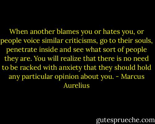 When another blames you or hates you, or people voice similar criticisms, go to their souls, penetrate inside and see what sort of people they are. You will realize that there is no need to be racked with anxiety that they should hold any particular opinion about you. - Marcus Aurelius