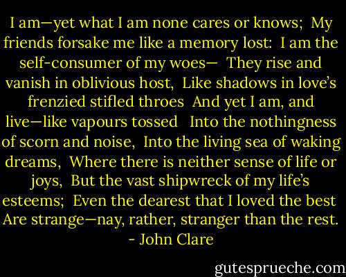 I am—yet what I am none cares or knows; <br />My friends forsake me like a memory lost: <br />I am the self-consumer of my woes— <br />They rise and vanish in oblivious host, <br />Like shadows in love’s frenzied stifled throes <br />And yet I am, and live—like vapours tossed <br /><br />Into the nothingness of scorn and noise, <br />Into the living sea of waking dreams, <br />Where there is neither sense of life or joys, <br />But the vast shipwreck of my life’s esteems; <br />Even the dearest that I loved the best <br />Are strange—nay, rather, stranger than the rest. - John Clare