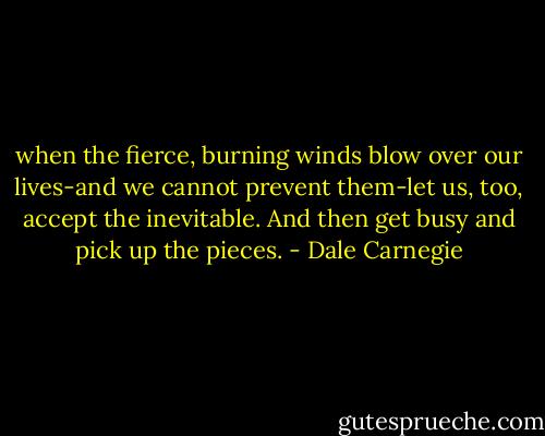 when the fierce, burning winds blow over our lives-and we cannot prevent them-let us, too, accept the inevitable. And then get busy and pick up the pieces. - Dale Carnegie