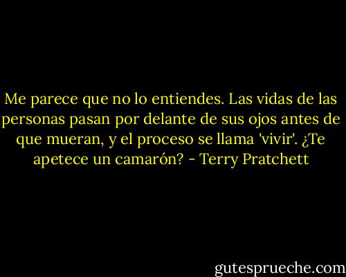 Me parece que no lo entiendes. Las vidas de las personas pasan por delante de sus ojos antes de que mueran, y el proceso se llama 'vivir'. ¿Te apetece un camarón? - Terry Pratchett