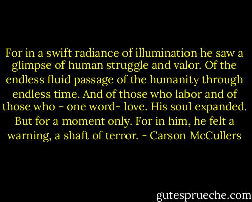For in a swift radiance of illumination he saw a glimpse of human struggle and valor. Of the endless fluid passage of the humanity through endless time. And of those who labor and of those who - one word- love. His soul expanded. But for a moment only. For in him, he felt a warning, a shaft of terror. - Carson McCullers