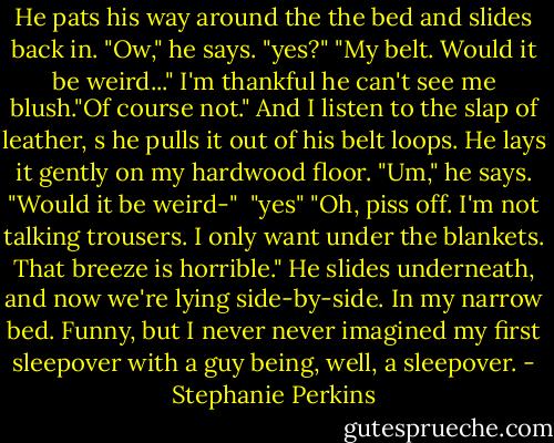 He pats his way around the the bed and slides back in. "Ow," he says.<br />"yes?"<br />"My belt. Would it be weird..."<br />I'm thankful he can't see me blush."Of course not." And I listen to the slap of leather, s he pulls it out of his belt loops. He lays it gently on my hardwood floor.<br />"Um," he says. "Would it be weird-" <br />"yes"<br />"Oh, piss off. I'm not talking trousers. I only want under the blankets. That breeze is horrible." He slides underneath, and now we're lying side-by-side. In my narrow bed. Funny, but I never never imagined my first sleepover with a guy being, well, a sleepover. - Stephanie Perkins