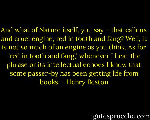 And what of Nature itself, you say – that callous and cruel engine, red in tooth and fang? Well, it is not so much of an engine as you think. As for "red in tooth and fang," whenever I hear the phrase or its intellectual echoes I know that some passer-by has been getting life from books. - Henry Beston