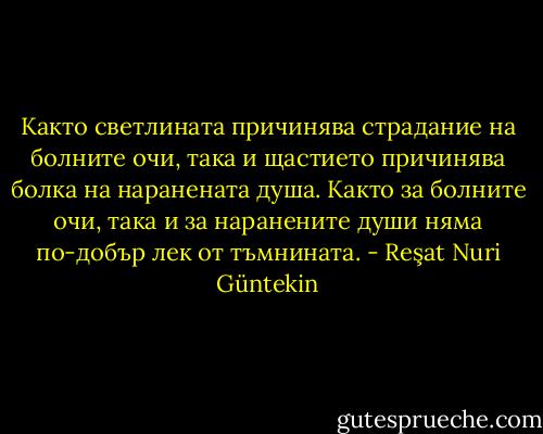 Както светлината причинява страдание на болните очи, така и щастието причинява болка на наранената душа. Както за болните очи, така и за наранените души няма по-добър лек от тъмнината. - Reşat Nuri Güntekin