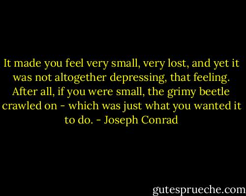 It made you feel very small, very lost, and yet it was not altogether depressing, that feeling. After all, if you were small, the grimy beetle crawled on - which was just what you wanted it to do. - Joseph Conrad