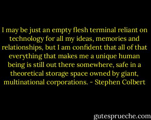 I may be just an empty flesh terminal reliant on technology for all my ideas, memories and relationships, but I am confident that all of that everything that makes me a unique human being is still out there somewhere, safe in a theoretical storage space owned by giant, multinational corporations. - Stephen Colbert