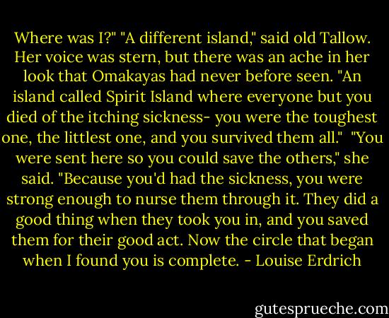 Where was I?"<br />"A different island," said old Tallow. Her voice was stern, but there was an ache in her look that Omakayas had never before seen. "An island called Spirit Island where everyone but you died of the itching sickness- you were the toughest one, the littlest one, and you survived them all."<br /><br />"You were sent here so you could save the others," she said. "Because you'd had the sickness, you were strong enough to nurse them through it. They did a good thing when they took you in, and you saved them for their good act. Now the circle that began when I found you is complete. - Louise Erdrich