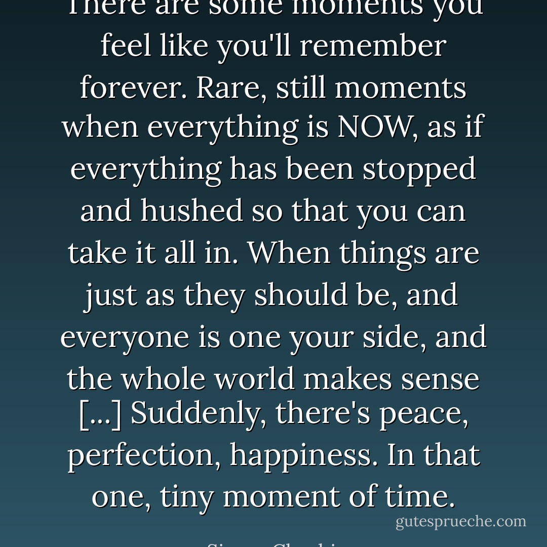 There are some moments you feel like you'll remember forever. Rare, still moments when everything is NOW, as if everything has been stopped and hushed so that you can take it all in. When things are just as they should be, and everyone is one your side, and the whole world makes sense [...] Suddenly, there's peace, perfection, happiness. In that one, tiny moment of time. - Simon Cheshire