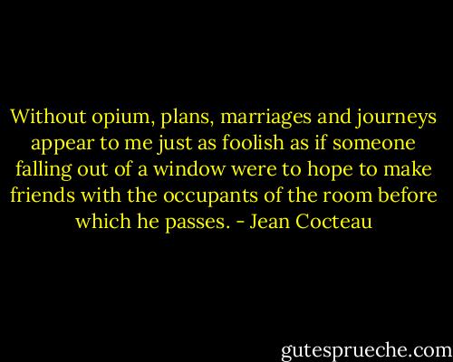 Without opium, plans, marriages and journeys appear to me just as foolish as if someone falling out of a window were to hope to make friends with the occupants of the room before which he passes. - Jean Cocteau