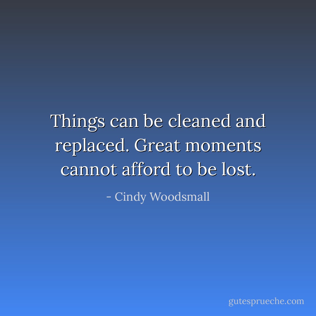 Things can be cleaned and replaced. Great moments cannot afford to be lost. - Cindy Woodsmall