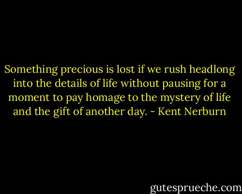 Something precious is lost if we rush headlong into the details of life without pausing for a moment to pay homage to the mystery of life and the gift of another day. - Kent Nerburn
