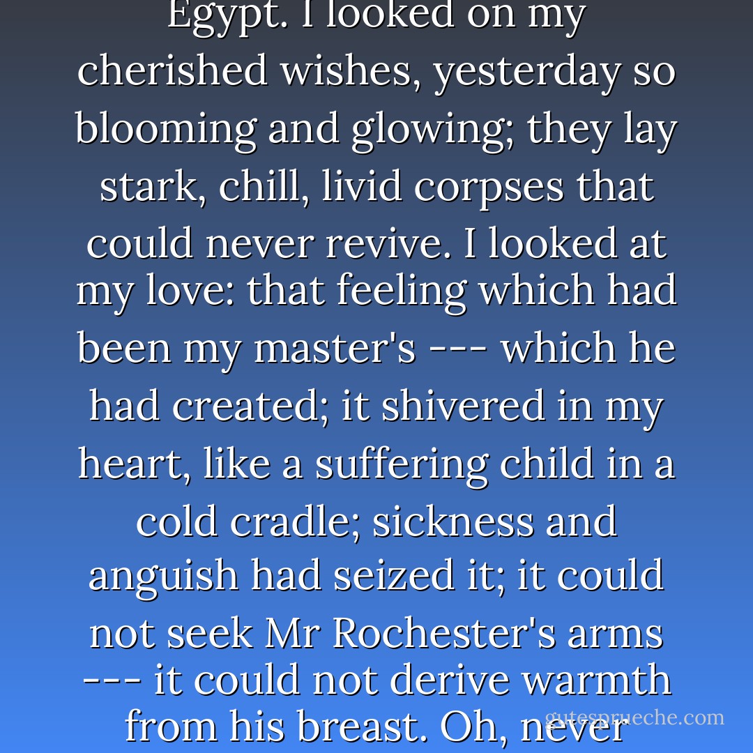 My hopes were all dead --- struck with a subtle doom, such as, in one night, fell on all the first-born in the land of Egypt. I looked on my cherished wishes, yesterday so blooming and glowing; they lay stark, chill, livid corpses that could never revive. I looked at my love: that feeling which had been my master's --- which he had created; it shivered in my heart, like a suffering child in a cold cradle; sickness and anguish had seized it; it could not seek Mr Rochester's arms --- it could not derive warmth from his breast. Oh, never more could it turn to him; for faith was blighted -- confidence destroyed! - Charlotte Brontë