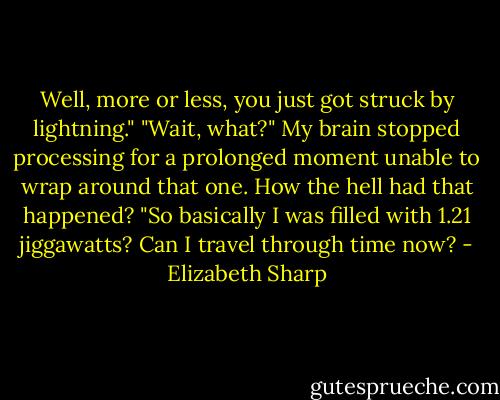 Well, more or less, you just got struck by lightning."<br />"Wait, what?" My brain stopped processing for a prolonged moment unable to wrap around that one. How the hell had that happened? "So basically I was filled with 1.21 jiggawatts?<br />Can I travel through time now? - Elizabeth Sharp