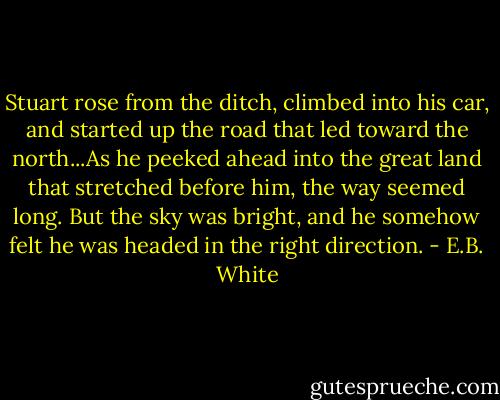Stuart rose from the ditch, climbed into his car, and started up the road that led toward the north...As he peeked ahead into the great land that stretched before him, the way seemed long. But the sky was bright, and he somehow felt he was headed in the right direction. - E.B. White