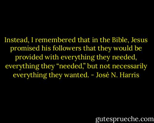 Instead, I remembered that in the Bible, Jesus promised his followers that they would be provided with everything they needed, everything they “needed,” but not necessarily everything they wanted. - José N. Harris