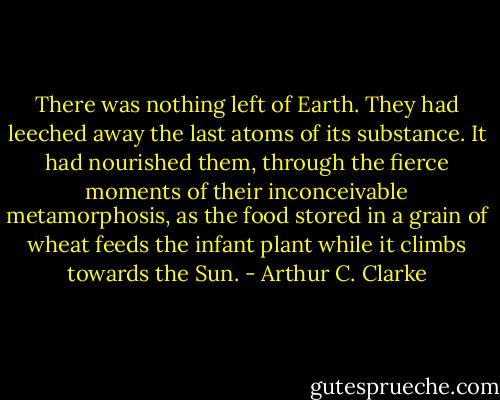 There was nothing left of Earth. They had leeched away the last atoms of its substance. It had nourished them, through the fierce moments of their inconceivable metamorphosis, as the food stored in a grain of wheat feeds the infant plant while it climbs towards the Sun. - Arthur C. Clarke