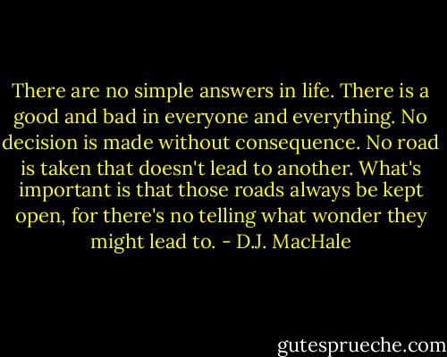 There are no simple answers in life. There is a good and bad in everyone and everything. No decision is made without consequence. No road is taken that doesn't lead to another. What's important is that those roads always be kept open, for there's no telling what wonder they might lead to. - D.J. MacHale