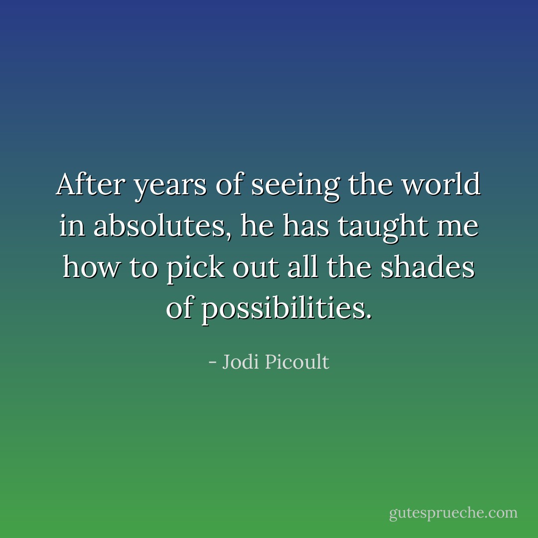 After years of seeing the world in absolutes, he has taught me how to pick out all the shades of possibilities. - Jodi Picoult