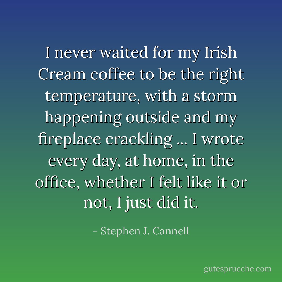 I never waited for my Irish Cream coffee to be the right temperature, with a storm happening outside and my fireplace crackling ... I wrote every day, at home, in the office, whether I felt like it or not, I just did it. - Stephen J. Cannell