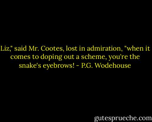 Liz," said Mr. Cootes, lost in admiration, "when it comes to doping out a scheme, you're the snake's eyebrows! - P.G. Wodehouse