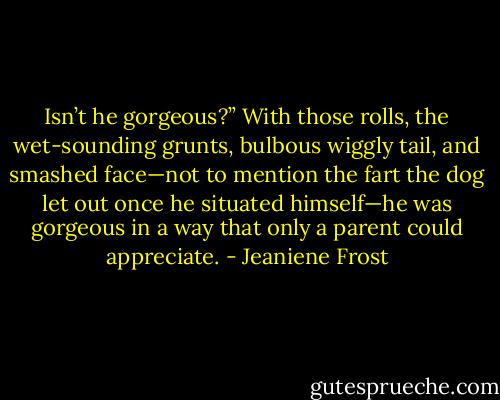 Isn’t he gorgeous?” With those rolls, the wet-sounding grunts, bulbous wiggly tail, and smashed face—not to mention the fart the dog let out once he situated himself—he was gorgeous in a way that only a parent could appreciate. - Jeaniene Frost