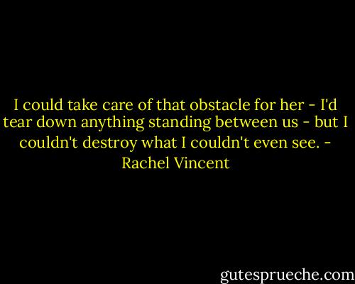 I could take care of that obstacle for her - I'd tear down anything standing between us - but I couldn't destroy what I couldn't even see. - Rachel Vincent