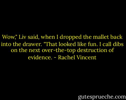 Wow," Liv said, when I dropped the mallet back into the drawer. "That looked like fun. I call dibs on the next over-the-top destruction of evidence. - Rachel Vincent