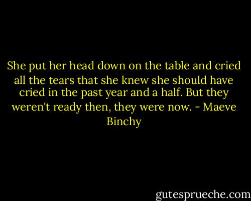 She put her head down on the table and cried all the tears that she knew she should have cried in the past year and a half. But they weren't ready then, they were now. - Maeve Binchy