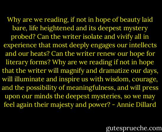 Why are we reading, if not in hope of beauty laid bare, life heightened and its deepest mystery probed? Can the writer isolate and vivify all in experience that most deeply engages our intellects and our heats? Can the writer renew our hope for literary forms? Why are we reading if not in hope that the writer will magnify and dramatize our days, will illuminate and inspire us with wisdom, courage, and the possibility of meaningfulness, and will press upon our minds the deepest mysteries, so we may feel again their majesty and power? - Annie Dillard