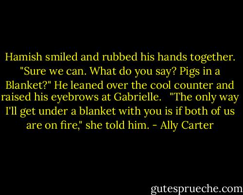 Hamish smiled and rubbed his hands together. "Sure we can. What do you say? Pigs in a Blanket?" He leaned over the cool counter and raised his eyebrows at Gabrielle.<br /><br /> "The only way I'll get under a blanket with you is if both of us are on fire," she told him. - Ally Carter