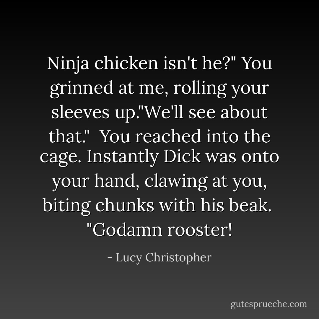 Ninja chicken isn't he?" You grinned at me, rolling your sleeves up."We'll see about that."<br /> You reached into the cage. Instantly Dick was onto your hand, clawing at you, biting chunks with his beak.<br /> "Godamn rooster! - Lucy Christopher