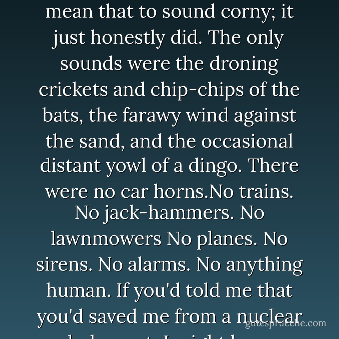 Right at that moment it was as if we were the only two people left in the world. And I don't mean that to sound corny; it just honestly did. The only sounds were the droning crickets and chip-chips of the bats, the farawy wind against the sand, and the occasional distant yowl of a dingo. There were no car horns.No trains. No jack-hammers. No lawnmowers No planes. No sirens. No alarms. No anything human. If you'd told me that you'd saved me from a nuclear holocaust, I might have believed you. - Lucy Christopher