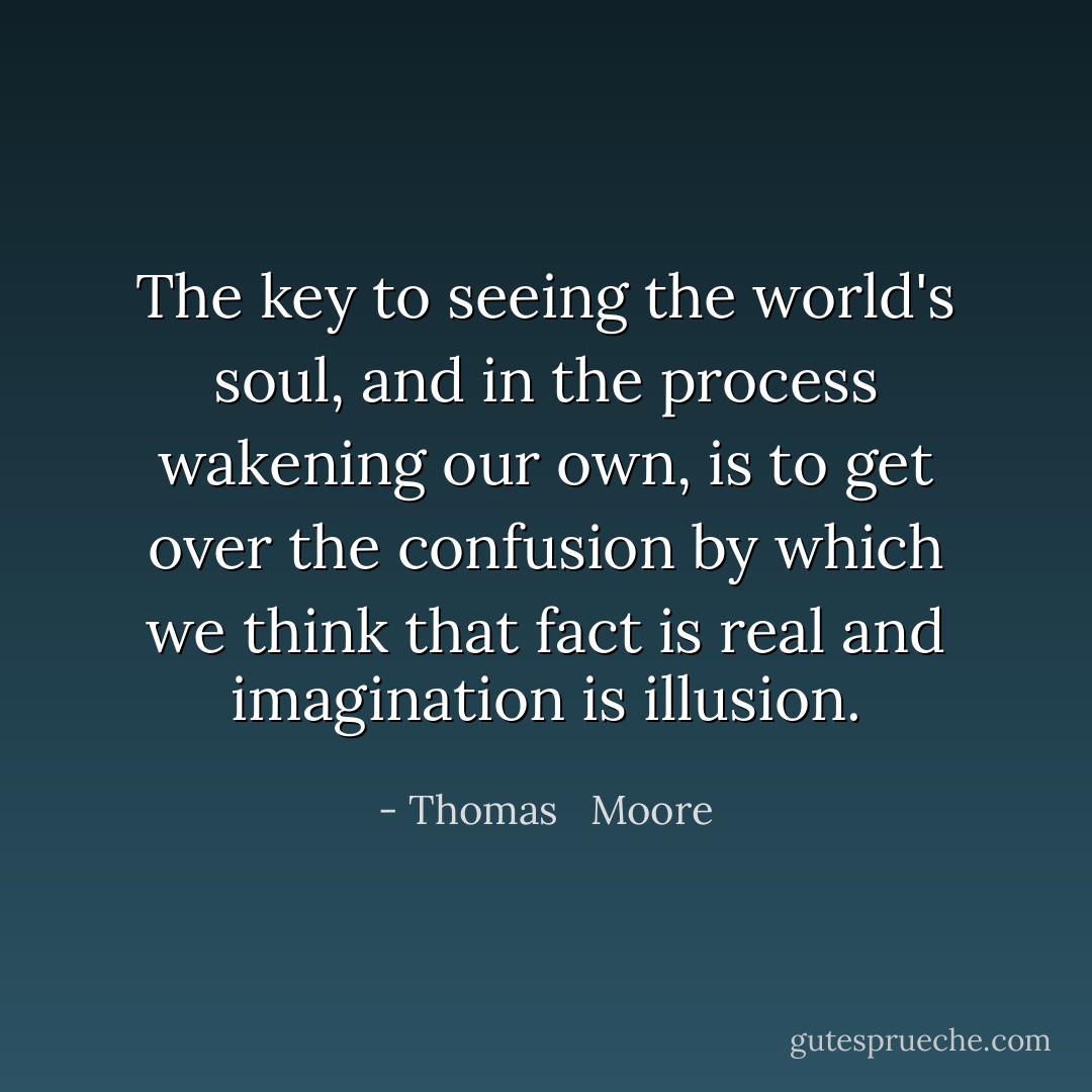 The key to seeing the world's soul, and in the process wakening our own, is to get over the confusion by which we think that fact is real and imagination is illusion. - Thomas   Moore