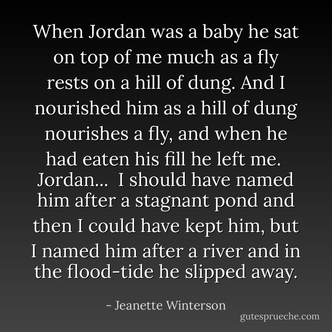 When Jordan was a baby he sat on top of me much as a fly rests on a hill of dung. And I nourished him as a hill of dung nourishes a fly, and when he had eaten his fill he left me.<br /><br />Jordan...<br /><br />I should have named him after a stagnant pond and then I could have kept him, but I named him after a river and in the flood-tide he slipped away. - Jeanette Winterson