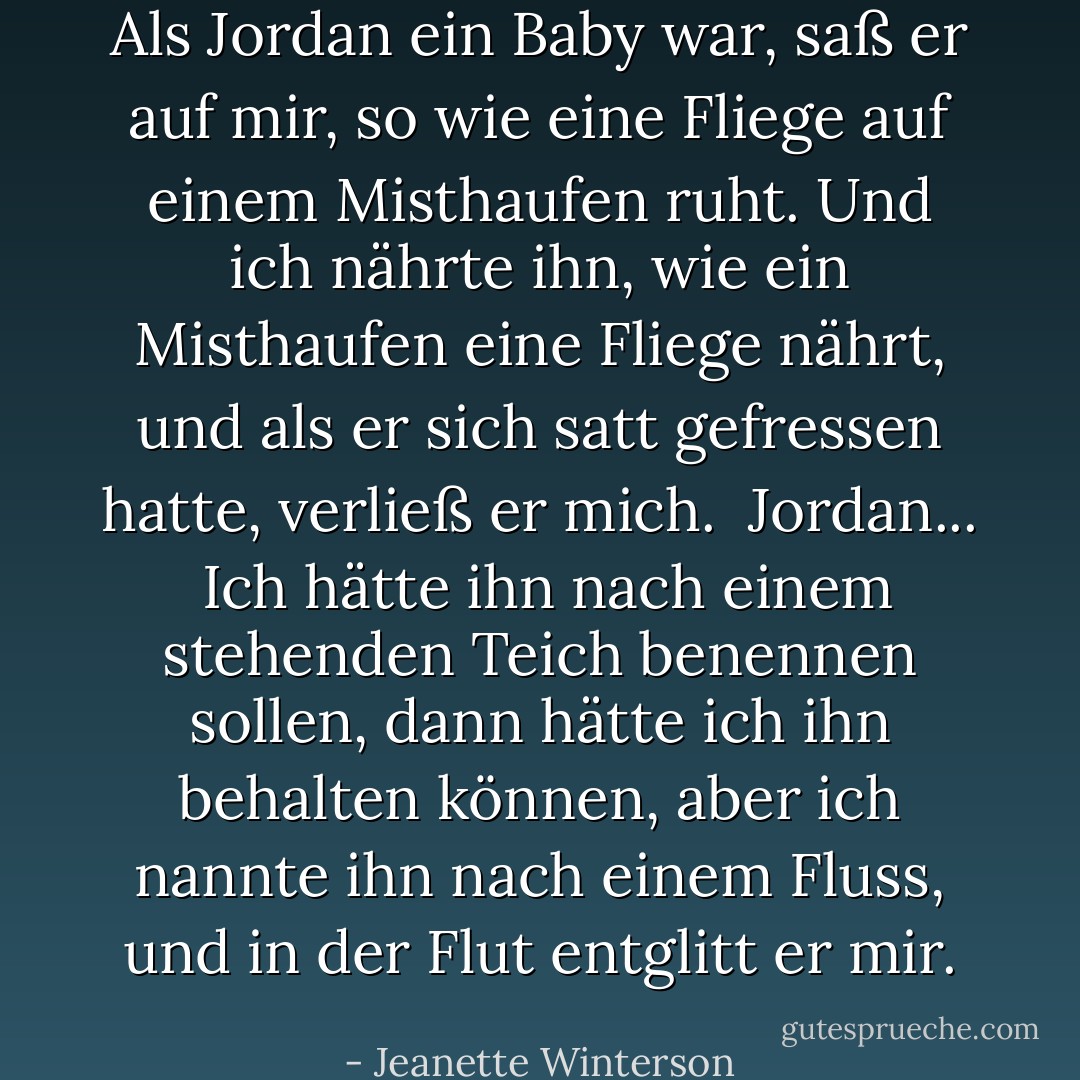 Als Jordan ein Baby war, saß er auf mir, so wie eine Fliege auf einem Misthaufen ruht. Und ich nährte ihn, wie ein Misthaufen eine Fliege nährt, und als er sich satt gefressen hatte, verließ er mich.<br /><br />Jordan...<br /><br />Ich hätte ihn nach einem stehenden Teich benennen sollen, dann hätte ich ihn behalten können, aber ich nannte ihn nach einem Fluss, und in der Flut entglitt er mir. - Jeanette Winterson<