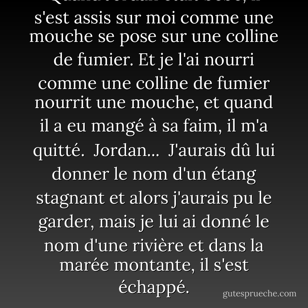 Quand Jordan était bébé, il s'est assis sur moi comme une mouche se pose sur une colline de fumier. Et je l'ai nourri comme une colline de fumier nourrit une mouche, et quand il a eu mangé à sa faim, il m'a quitté.<br /><br />Jordan...<br /><br />J'aurais dû lui donner le nom d'un étang stagnant et alors j'aurais pu le garder, mais je lui ai donné le nom d'une rivière et dans la marée montante, il s'est échappé. - Jeanette Winterson