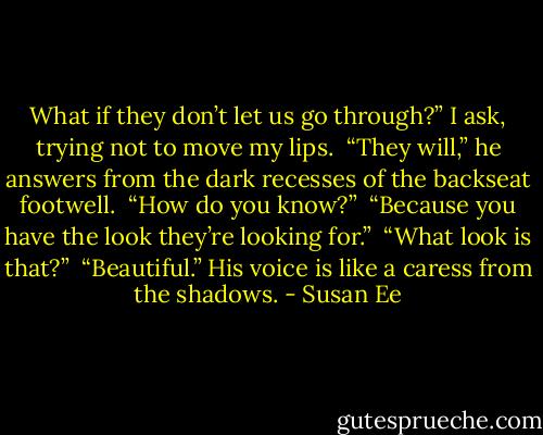 What if they don’t let us go through?” I ask, trying not to move my lips. <br />“They will,” he answers from the dark recesses of the backseat footwell. <br />“How do you know?” <br />“Because you have the look they’re looking for.” <br />“What look is that?” <br />“Beautiful.” His voice is like a caress from the shadows. - Susan Ee