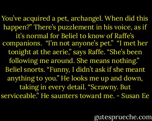 You’ve acquired a pet, archangel. When did this happen?” There’s puzzlement in his voice, as if it’s normal for Beliel to know of Raffe’s companions. <br />“I’m not anyone’s pet.” <br />“I met her tonight at the aerie,” says Raffe. “She’s been following me around. She means nothing.” <br />Beliel snorts. “Funny, I didn’t ask if she meant anything to you.” He looks me up and down, taking in every detail. “Scrawny. But serviceable.” He saunters toward me. - Susan Ee