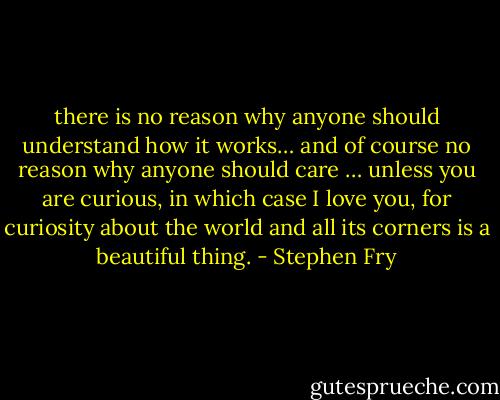 there is no reason why anyone should understand how it works… and of course no reason why anyone should care … unless you are curious, in which case I love you, for curiosity about the world and all its corners is a beautiful thing. - Stephen Fry