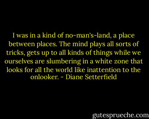 I was in a kind of no-man's-land, a place between places. The mind plays all sorts of tricks, gets up to all kinds of things while we ourselves are slumbering in a white zone that looks for all the world like inattention to the onlooker. - Diane Setterfield