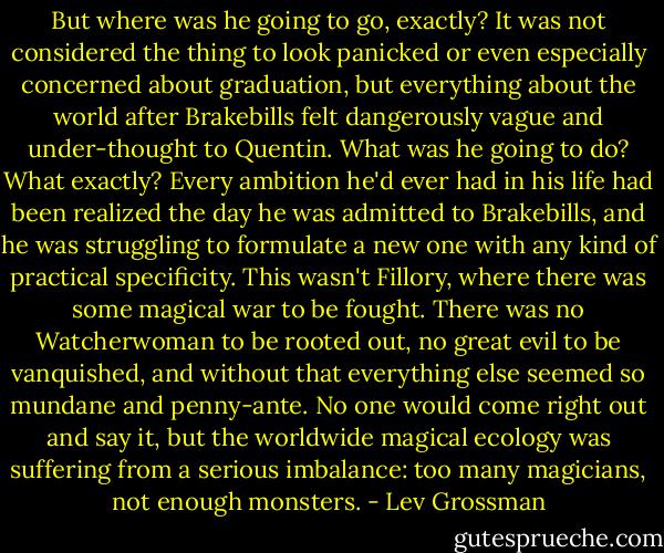 But where was he going to go, exactly? It was not considered the thing to look panicked or even especially concerned about graduation, but everything about the world after Brakebills felt dangerously vague and under-thought to Quentin. What was he going to do? What exactly? Every ambition he'd ever had in his life had been realized the day he was admitted to Brakebills, and he was struggling to formulate a new one with any kind of practical specificity. This wasn't Fillory, where there was some magical war to be fought. There was no Watcherwoman to be rooted out, no great evil to be vanquished, and without that everything else seemed so mundane and penny-ante. No one would come right out and say it, but the worldwide magical ecology was suffering from a serious imbalance: too many magicians, not enough monsters. - Lev Grossman