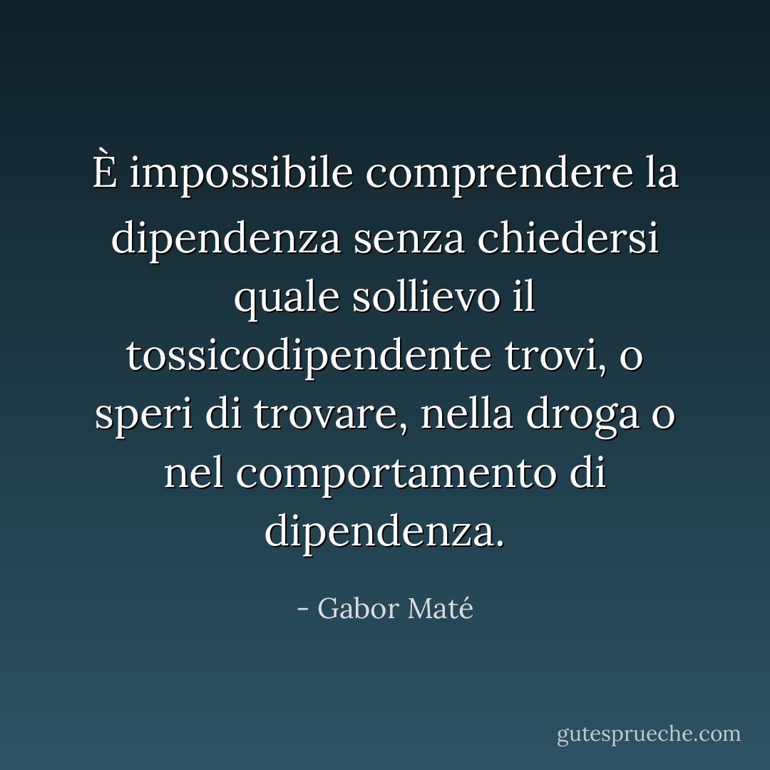 È impossibile comprendere la dipendenza senza chiedersi quale sollievo il tossicodipendente trovi, o speri di trovare, nella droga o nel comportamento di dipendenza. - Gabor Maté